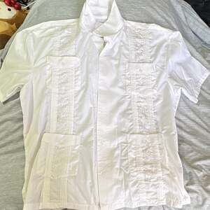 LADA Men’s 3XL White Solid Woven Button-Up Short Sleeve Embroidered Pockets